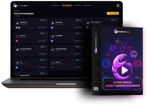 ContentClaw AI dashboard on a laptop beside the ContentClaw product box